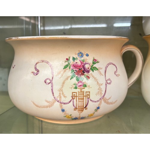 336 - CROWN DEVON BLUSH IVORY FLORAL CHAMBER POTS, VASE AND TEAPOT