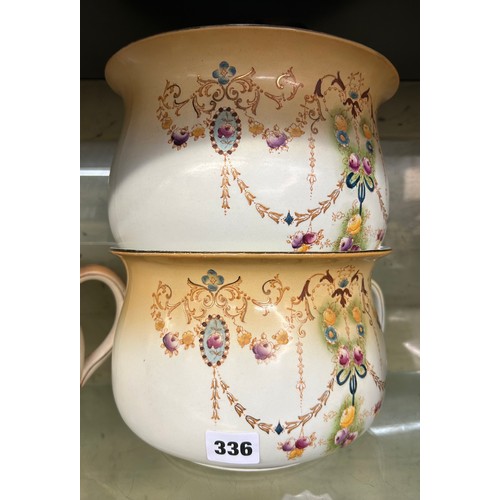 336 - CROWN DEVON BLUSH IVORY FLORAL CHAMBER POTS, VASE AND TEAPOT