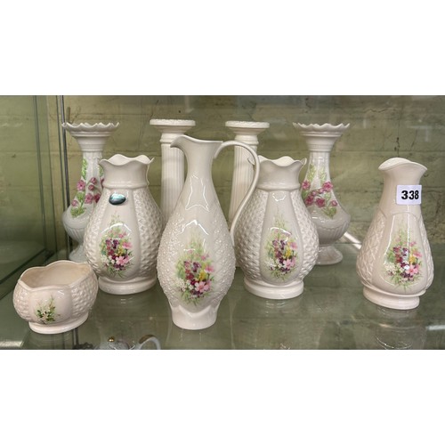 338 - DONEGAL IRISH CREAMWARE LATTICE VASES, JUGS, AND BOWL