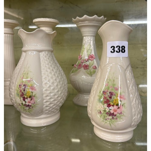 338 - DONEGAL IRISH CREAMWARE LATTICE VASES, JUGS, AND BOWL