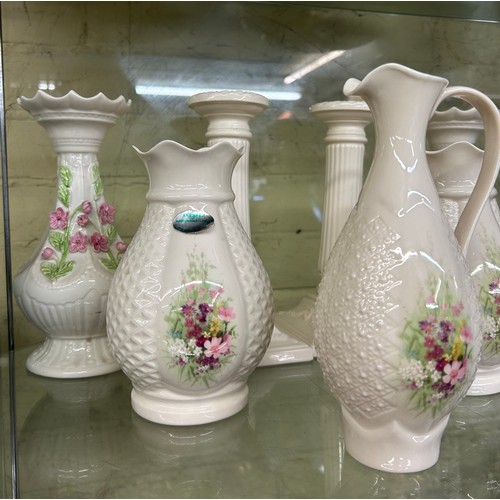 338 - DONEGAL IRISH CREAMWARE LATTICE VASES, JUGS, AND BOWL