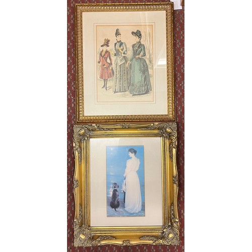 296 - TWO BOXES OF GILT FRAMED PRINTS OF RENOIR PAINTINGS, FASHION PLATE PRINTS