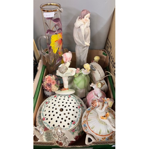 300 - CARTON - CERAMIC FIGURES, ROSE BOWL, FLORAL ORNAMENT, AND PAINTED GLASS JUG