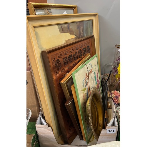 301 - CARTON - GILDED OBLONG MIRROR, WICKER TRAY, COPPER PANEL, AND NEEDLEWORK PICTURE