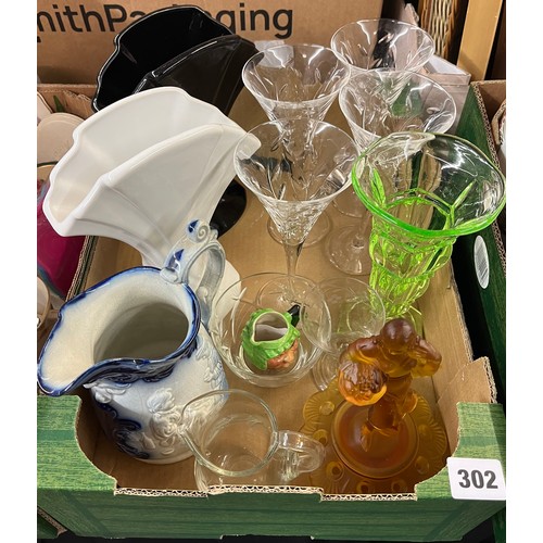 302 - CARTON CONTAINING MOULDED AMBER GLASS FIGURAL CENTRE PIECE, PAIR OF SILVER SUGAR TONGS, POTTERY VASE... 