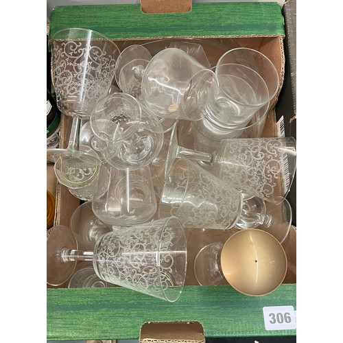 306 - CARTON - ETCHED GLASS WINE GLASSES, SAKE SET, CHERRY BRANDY, AND OTHERS