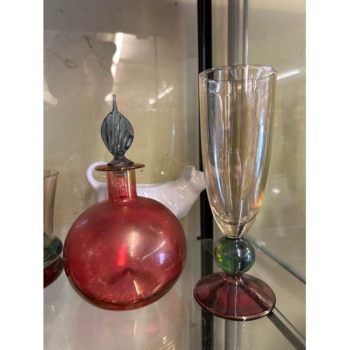 320 - RUBY GLOBULAR BOTTLE WITH STOPPER AND COLOURED GLASSWARES