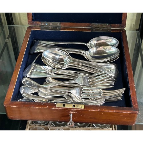 304 - MAHOGANY BOX OF EPNS CUTLERY, CANTEEN OF CUTLERY, SMALL WEIGHTS