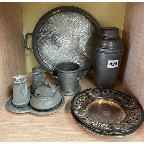 490 - BEATEN PEWTER COCKTAIL SHAKER, PAIR OF SHALLOW DISHES, TREFOIL PEWTER CONDIMENT