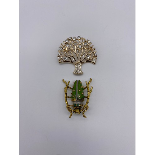 669 - ENAMEL AND GILDED BEETLE LAPEL BROOCH AND PAVE CRYSTAL TREE OF LIFE BROOCH