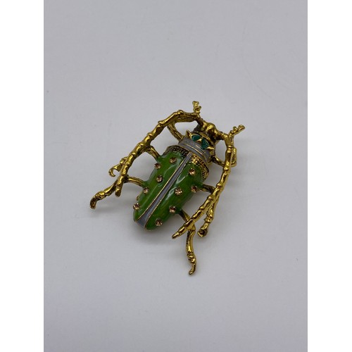 669 - ENAMEL AND GILDED BEETLE LAPEL BROOCH AND PAVE CRYSTAL TREE OF LIFE BROOCH