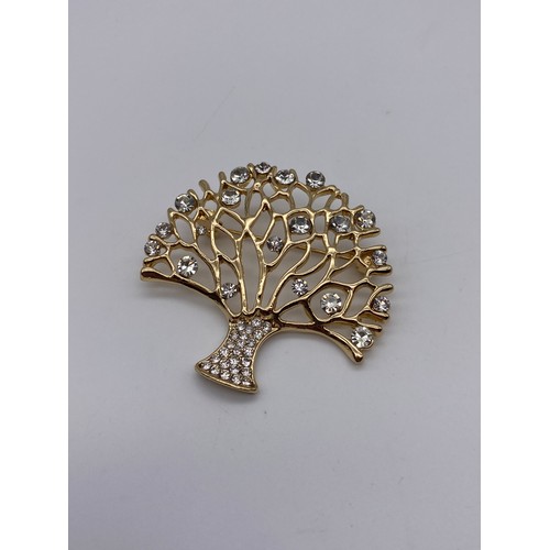 669 - ENAMEL AND GILDED BEETLE LAPEL BROOCH AND PAVE CRYSTAL TREE OF LIFE BROOCH