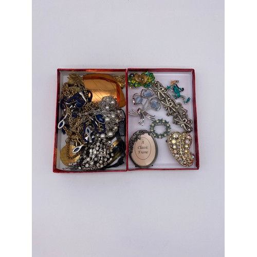 681 - BOX OF MISCELLANEOUS DRESS JEWELLERY INCLUDING MULTI COLOURED CLIP ON EARRINGS, VARIOUS CHAINS, ENAM... 