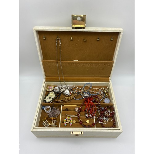 695 - JEWELLERY BOX OF MISCELLANEOUS COSTUME JEWELLERY - CHAIN, CUFF LINKS, PENDANTS, BEADS