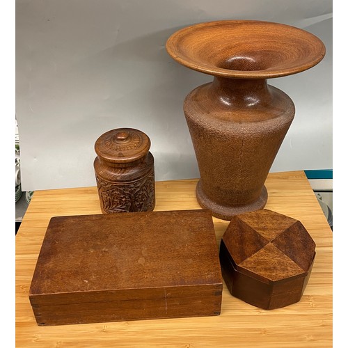 486 - OCTAGONAL WOODEN BOX, INDAIN HARDWOOD CARVED CANISTER AND COVER, AND AUSTRALIAN CARVED TURNED VASE