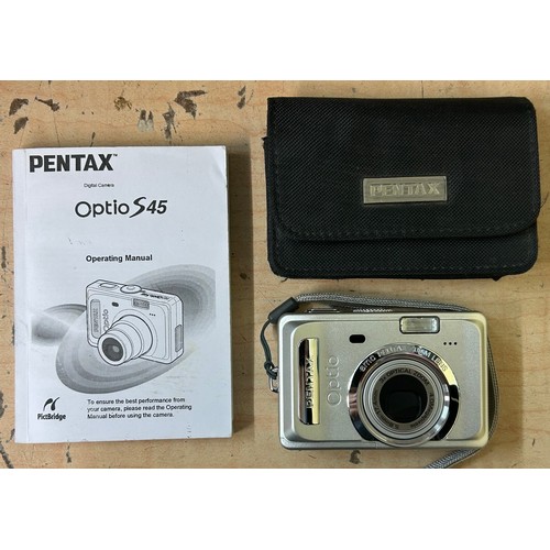 524 - SONY HANDY CAM, BOXED PENTAX OPTIO S45