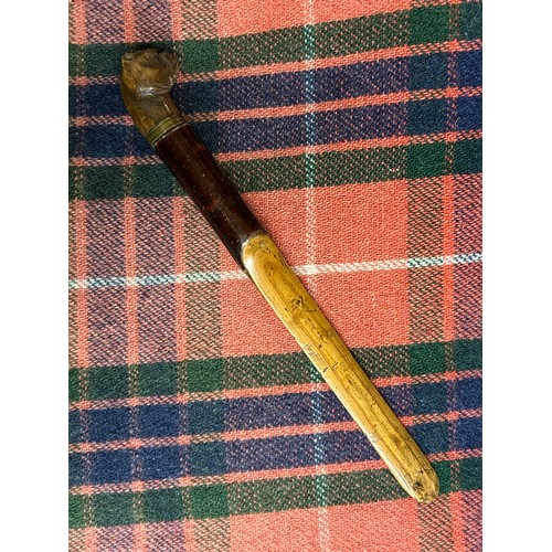 523 - INTERESTING TREEN BIRCH STATIONARY KNIFE WITH CARVED BOXER TYPE DOG FINIAL