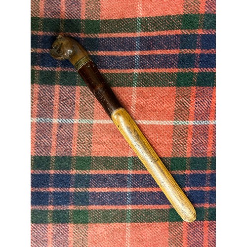 523 - INTERESTING TREEN BIRCH STATIONARY KNIFE WITH CARVED BOXER TYPE DOG FINIAL