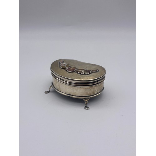 504 - BIRMINGHAM SILVER KIDNEY SHAPED TRINKET BOX WITH ABALONE DECORATION 3OZ OVERALL APPROX