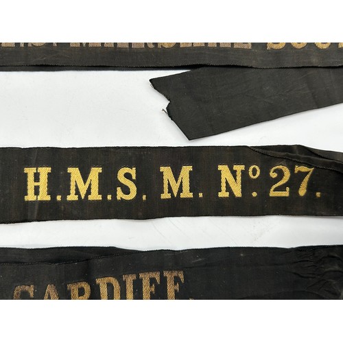 521 - ROYAL NAVAL SHIP CAP BANDS HMS MEDWAY, HMS MARSHALL SOUTH, HMS CARDIFF AND OTHERS PLUS SOME EPHEMERA