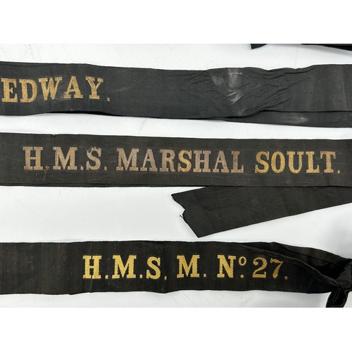 521 - ROYAL NAVAL SHIP CAP BANDS HMS MEDWAY, HMS MARSHALL SOUTH, HMS CARDIFF AND OTHERS PLUS SOME EPHEMERA