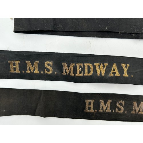 521 - ROYAL NAVAL SHIP CAP BANDS HMS MEDWAY, HMS MARSHALL SOUTH, HMS CARDIFF AND OTHERS PLUS SOME EPHEMERA