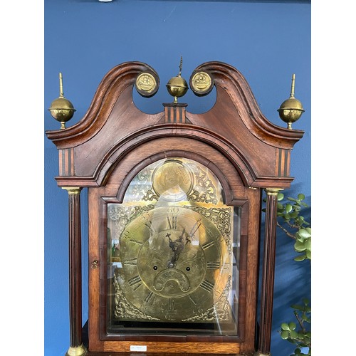 1 - 18TH CENTURY OAK MAHOGANY CROSS BANDED AND INLAID LONG CASED CLOCK WITH BRASS ARCH DIAL PRESTIDGE TO... 