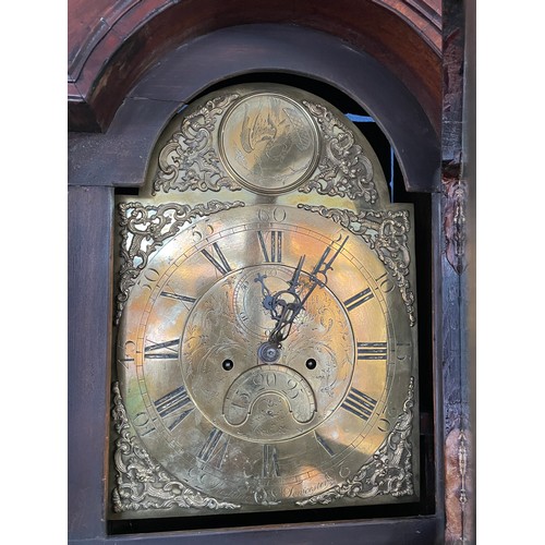 1 - 18TH CENTURY OAK MAHOGANY CROSS BANDED AND INLAID LONG CASED CLOCK WITH BRASS ARCH DIAL PRESTIDGE TO... 