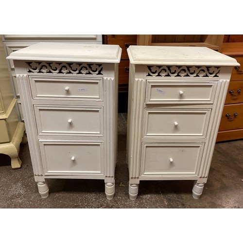 126 - PAIR OF WHITE PAINTED THREE DRAWER BEDSIDE CHESTS