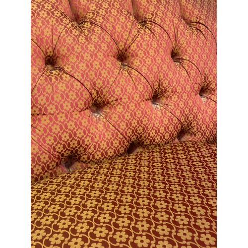 82 - TERRACOTTA BUTTON BACK BROCADE VICTORIAN STYLE SOFA WITH SCATTER CUSHIONS