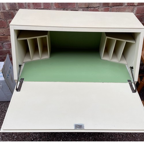 279 - GREEN AND CREAM PAINTED BUREAU WITH SWIRL HANDLES