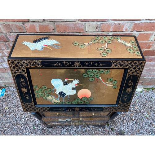 287 - REPRODUCTION CHINESE BLACK LAQUERED BUREAU PAINTED WITH CRANES