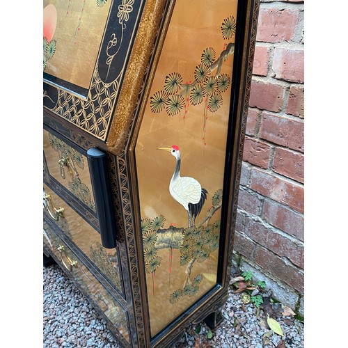 287 - REPRODUCTION CHINESE BLACK LAQUERED BUREAU PAINTED WITH CRANES