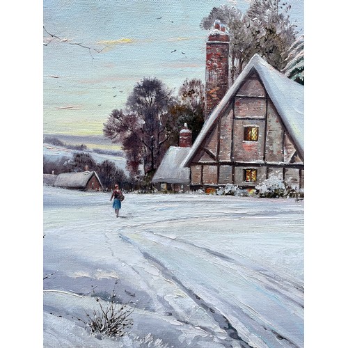 302 - THOMAS KENNEDY OILS ON CANVAS COTTAGES IN A SNOWY WINTER LANDSCAPE