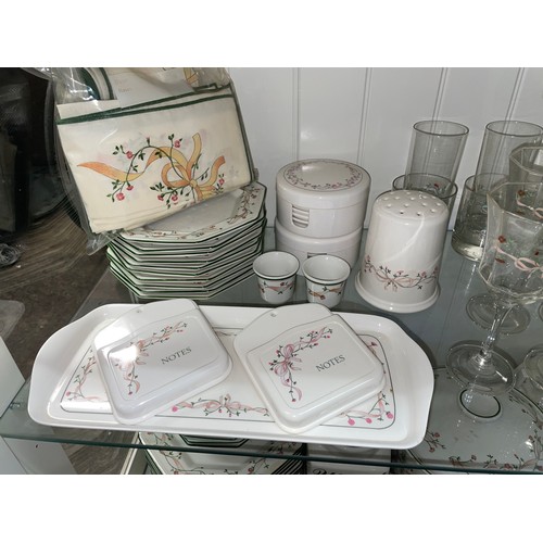 412 - TWO SHELVES OF ETERNAL BEAU PATTERN DINNER SERVICE, TUREENS, CONDIMENTS, TABLE GLASSWARE AND MORE