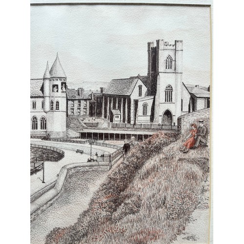 336 - EILEEN MULLETT PENCIL SKETCH THE COLLEGE AND NEW PROMENADE ABERYSTWYTH