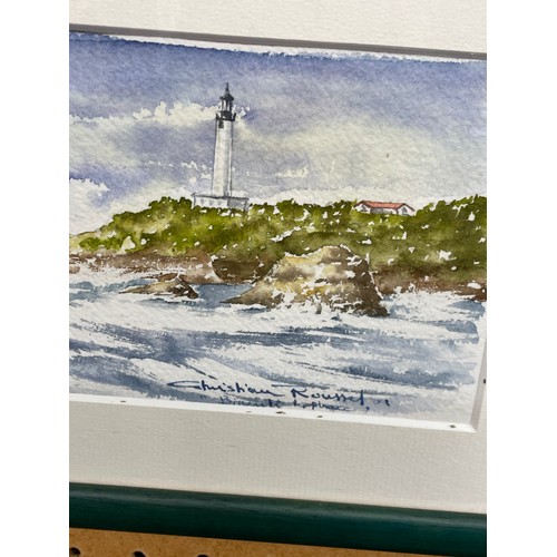 344 - JOHN COTGROVE WATER COLOUR ESTUARY LANDSCAPE AND CHRISTIAN ROUSSEL WATERCOLOUR LIGHTHOUSE SCENE