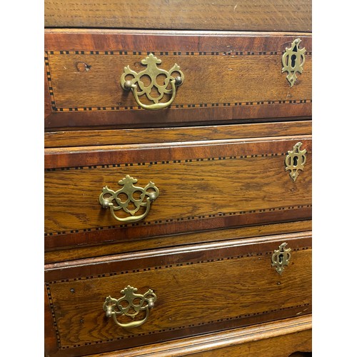 60 - MAHOGANY CROSS BANDED AND CHEQUER STRUNG BUREAU ON CARVED CABRIOLE LEGS