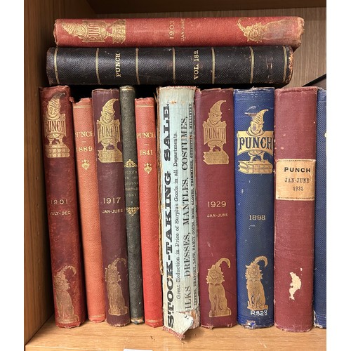 421 - SHELF OF VOLUMES OF PUNCH MAGAZINE FROM THE LATE 19TH CENTURY THROUGH TO 1930S