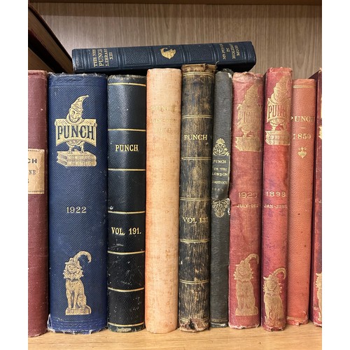 421 - SHELF OF VOLUMES OF PUNCH MAGAZINE FROM THE LATE 19TH CENTURY THROUGH TO 1930S