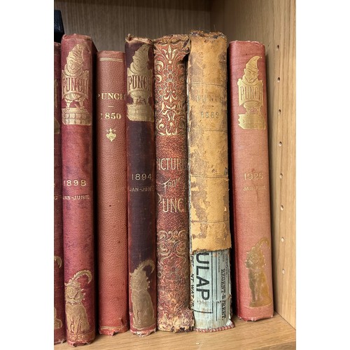 421 - SHELF OF VOLUMES OF PUNCH MAGAZINE FROM THE LATE 19TH CENTURY THROUGH TO 1930S