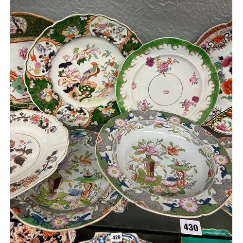 430 - SHELF OF MASONS AND IRONSTONE 19TH C PLATES AND SOUP BOWLS