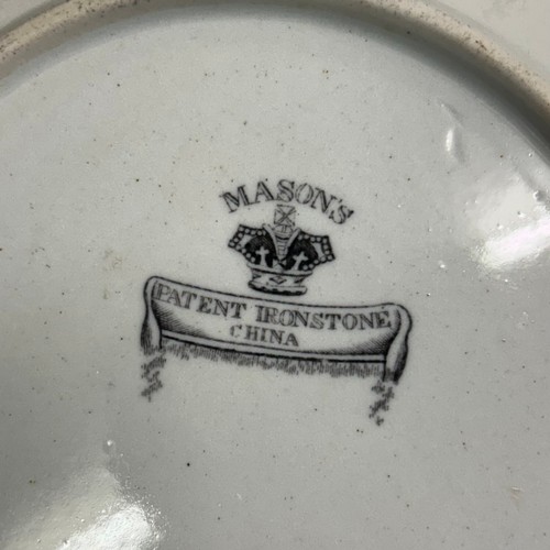 430 - SHELF OF MASONS AND IRONSTONE 19TH C PLATES AND SOUP BOWLS