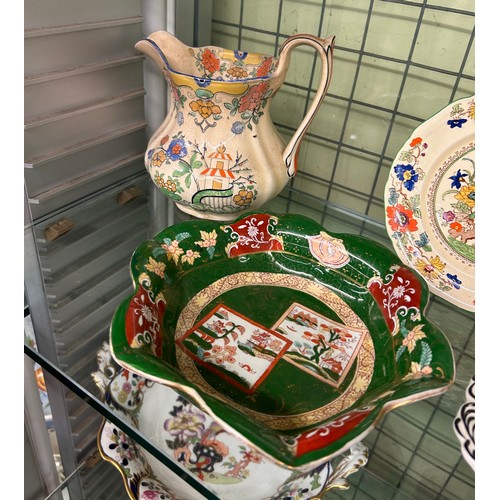 431 - HALF SHELF OF MASOSN IRONSTONE OCTAGONAL PANELLED BOWL AND JUG, TUREEN AND COVER AND PLATES