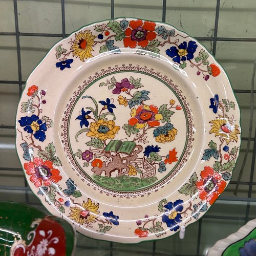 431 - HALF SHELF OF MASOSN IRONSTONE OCTAGONAL PANELLED BOWL AND JUG, TUREEN AND COVER AND PLATES