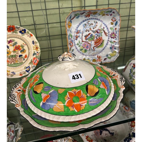 431 - HALF SHELF OF MASOSN IRONSTONE OCTAGONAL PANELLED BOWL AND JUG, TUREEN AND COVER AND PLATES