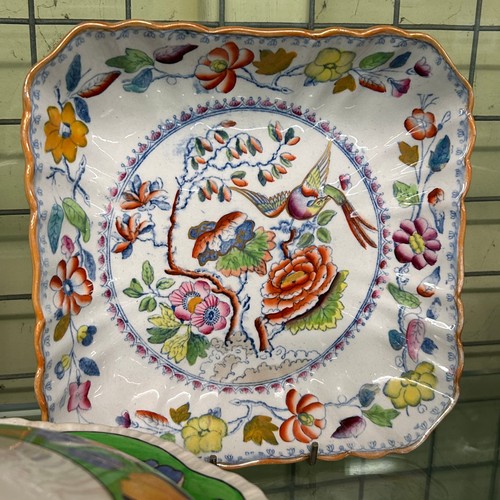 431 - HALF SHELF OF MASOSN IRONSTONE OCTAGONAL PANELLED BOWL AND JUG, TUREEN AND COVER AND PLATES