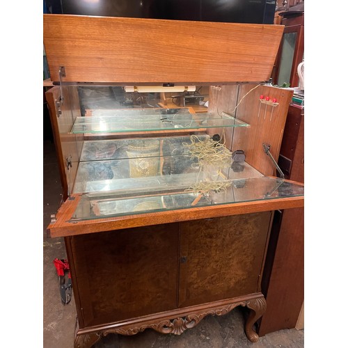 293 - BURR WALNUT DRINKS CABINET ON CARVED CABRIOLE LEGS