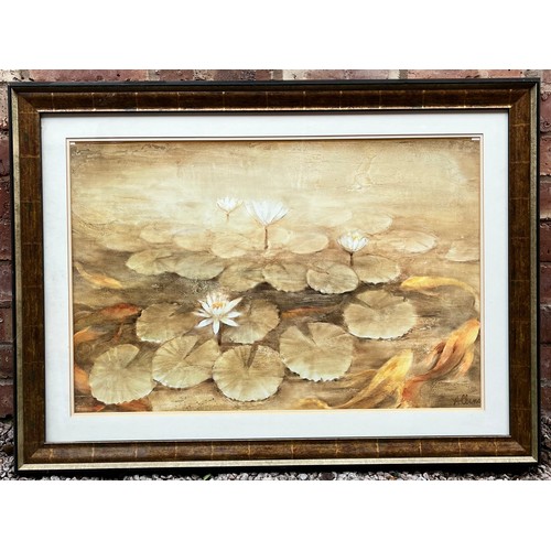 318 - LARGE PRINT OF WATER LILLIES, TAPESTRY EFFECT CORNUCOPIA PANEL AND POPPY PRINT