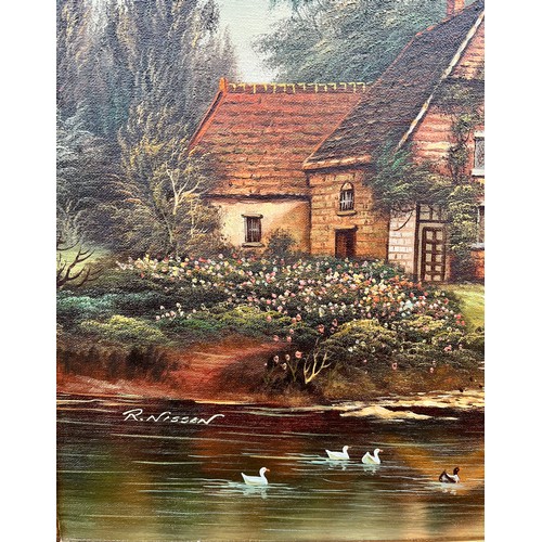 325 - OIL ON CANVAS OF THE FIGURE BY THE POND BEFORE A COTTAGE SIGNED R NISSEN IN GILT FRAME